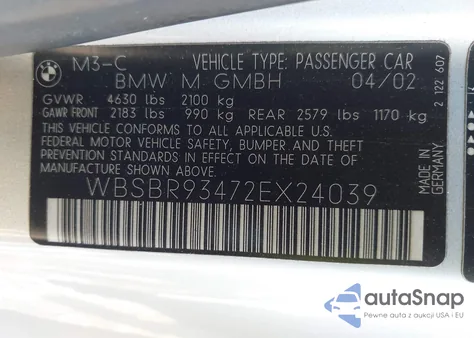 2002 BMW M3 z USA, uszkodzony, nr VIN WBSBR93472EX24039